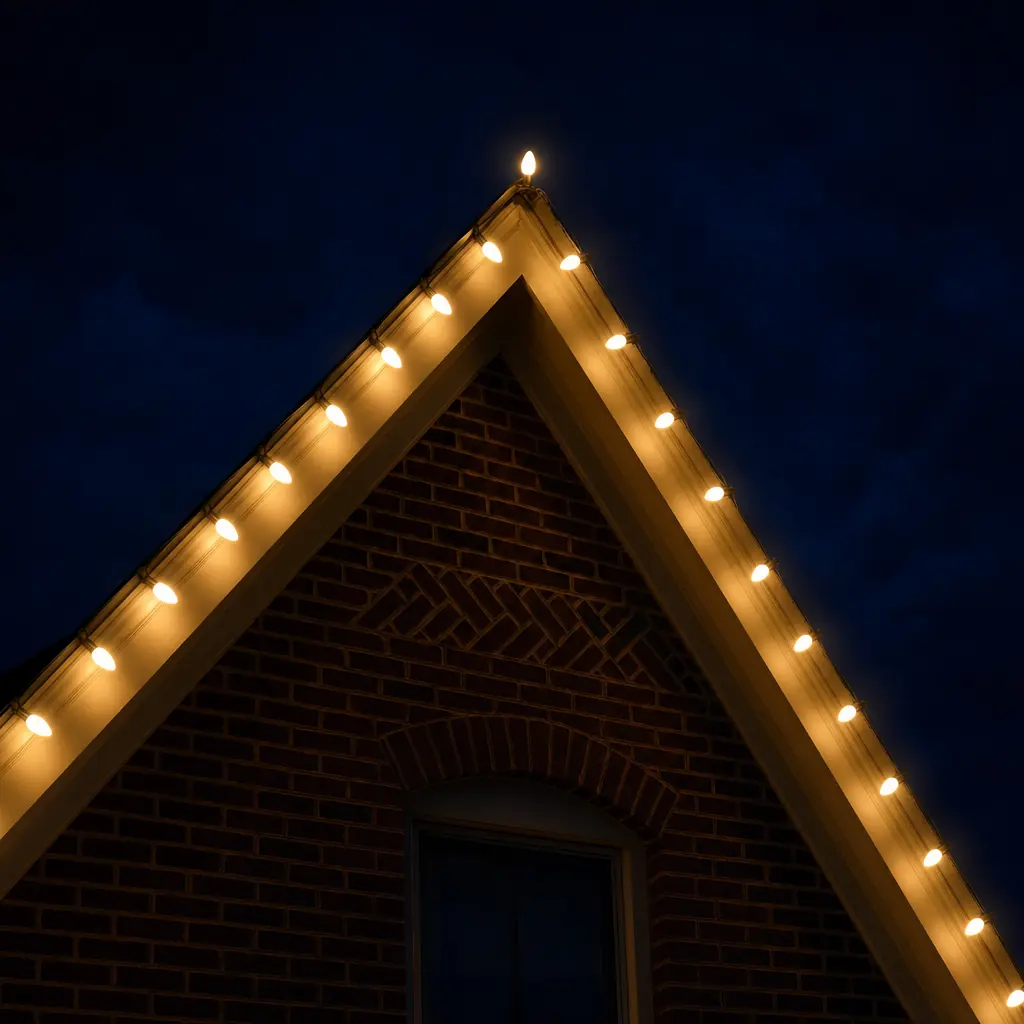 Close-up of a gable peak outlined in warm-white C9 bulbs against a deep navy night sky.