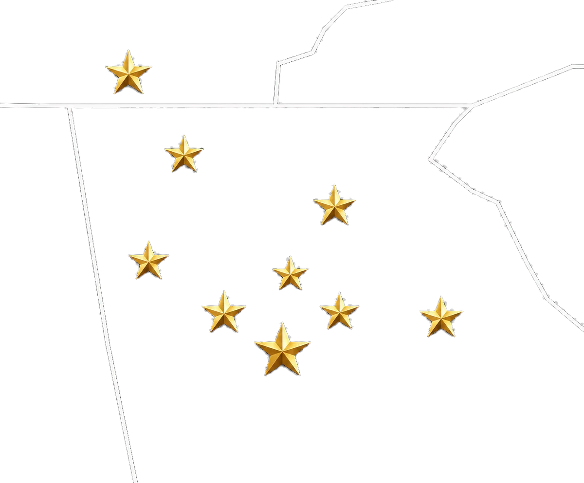 North Georgia and southeast Tennessee, with gold stars marking the towns CC's Installs runs routes in — from Chattanooga in the north down through metro Atlanta.